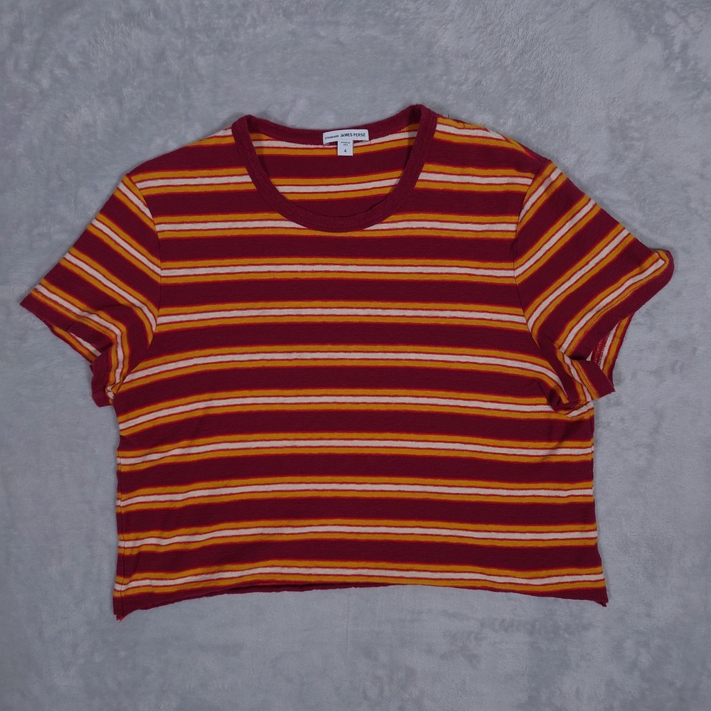James Perse T Shirt Womens 4 Red Striped Cropped Raw Edge Slub Cotton Relaxed L